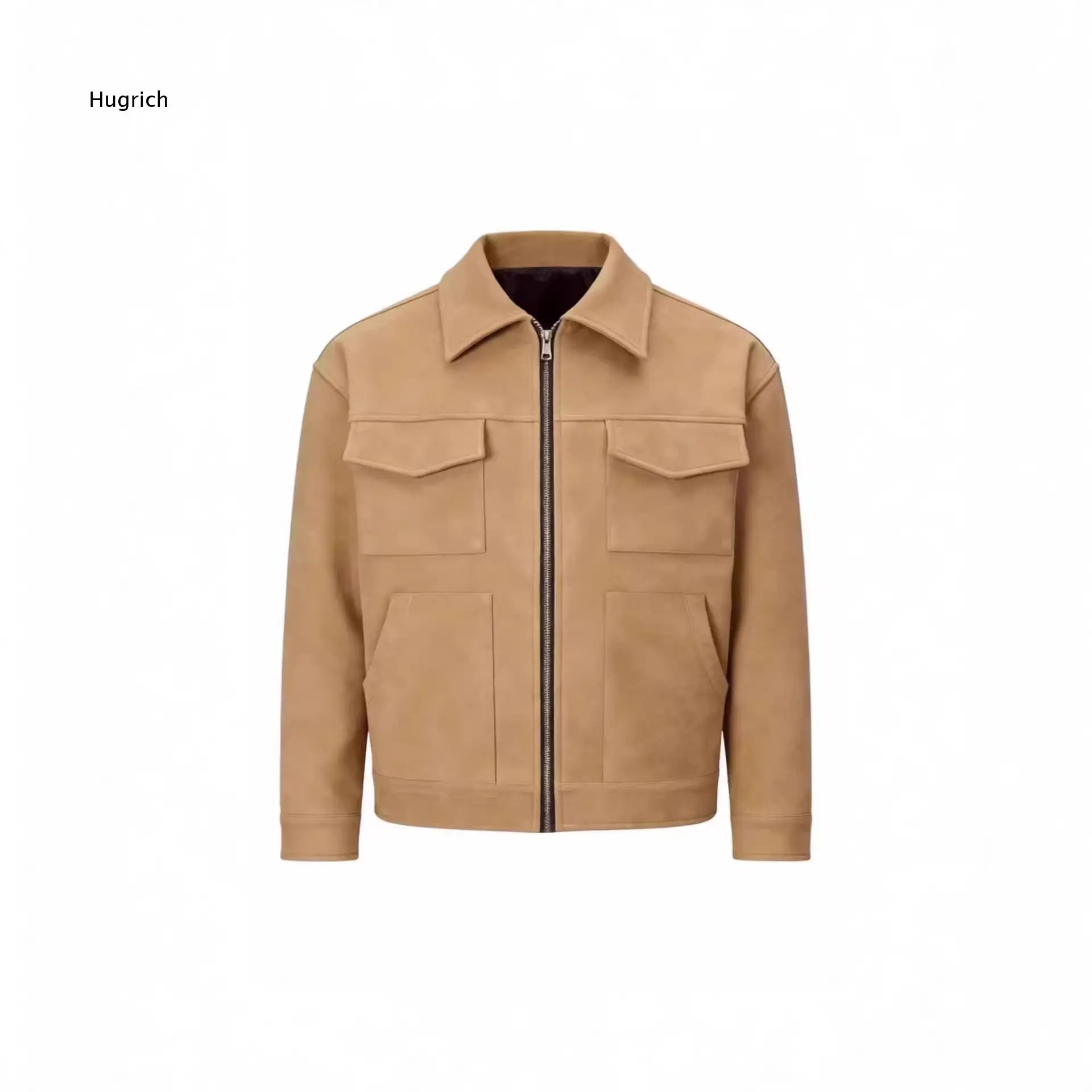 Men's Suede Texture Zip Up Jacket Lapel Collar Long Sleeve Casual Coat With Multiple Pockets For Daily Streetwear