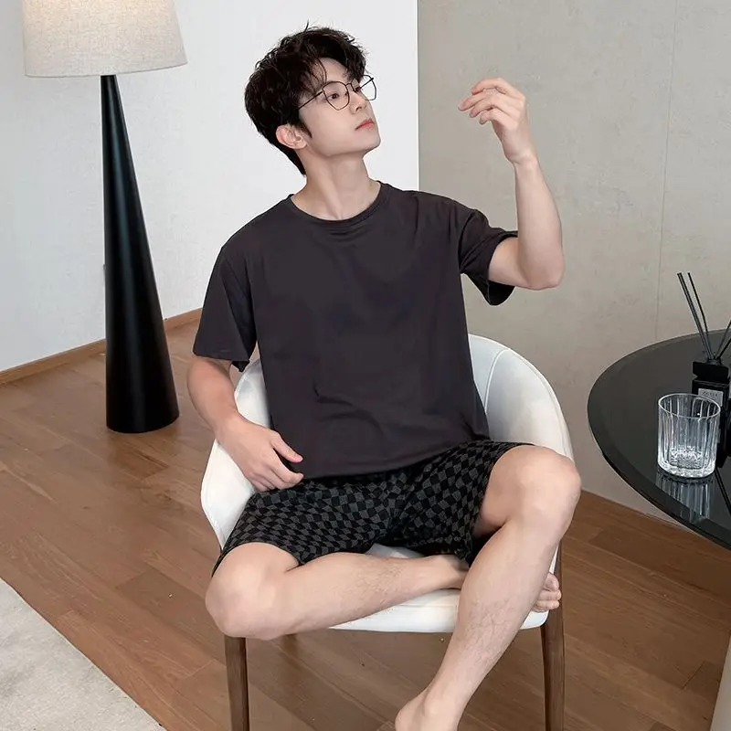 2026 Summer Short Sleeve 100% Cotton Casual Plaid Pajama Sets for Men Korean Loose Sleepwear Pyjama Male Homewear Home Clothes