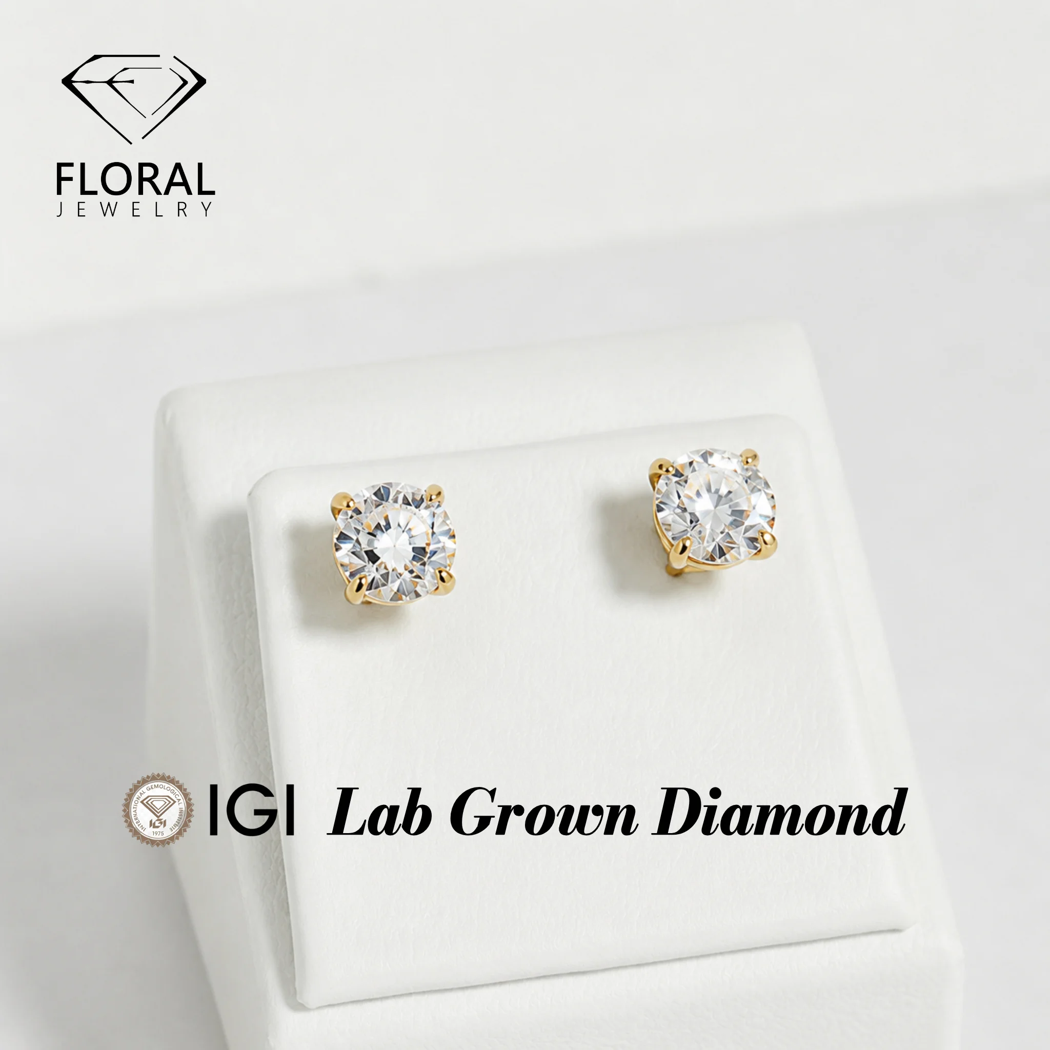 

FLORAL 1CT IGI Lab Grown Diamond Stud Earrings D VVS2 Round Cut 4 Prong in 925 Silver 14K 18K Gold Jewelry