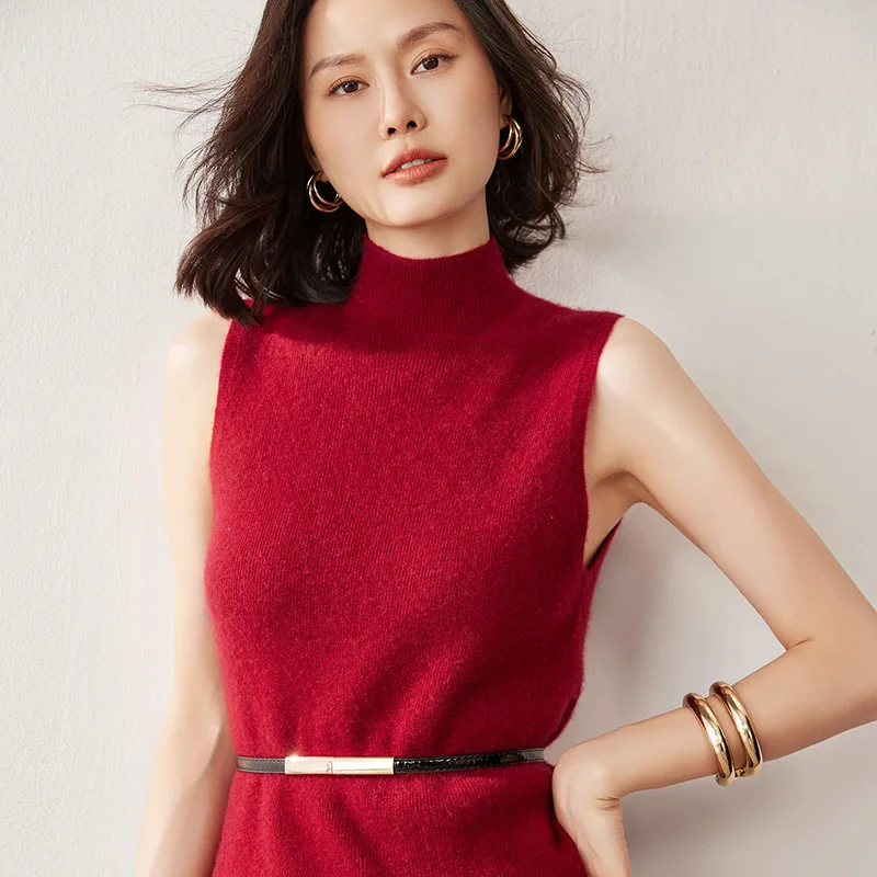 Women's 100% Cashmere Sleeveless Top Casual Solid Color Knitted Semi High Neck Base Blouse Thermal Jumper
