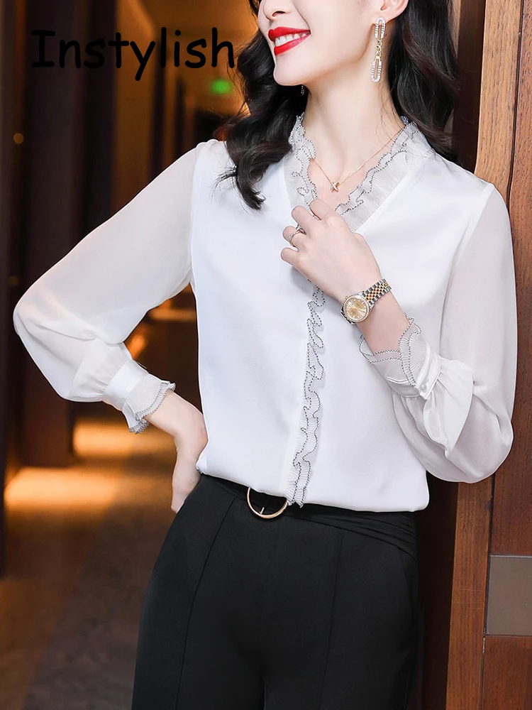 Elegant Women Chiffon Shirt Korean Blouse Office Lace Mesh Long Sleeve Ruffles V NeckTops Casual Vintage Pullovers Blusas 2022