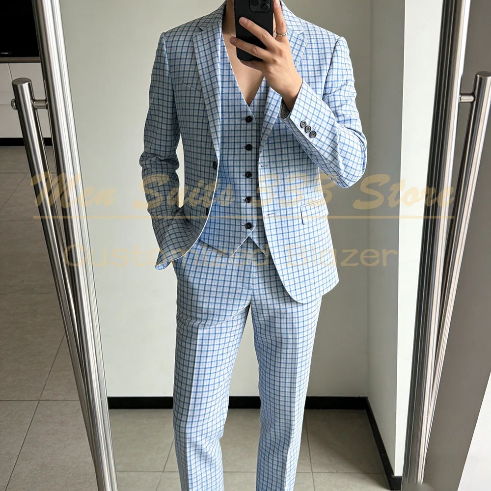 

Formal Plaid Men's Wedding Suits High Quality Single Breasted Notch Lapel Blazer With Shoulder Pads 3 Piece Jacket Pants Vest