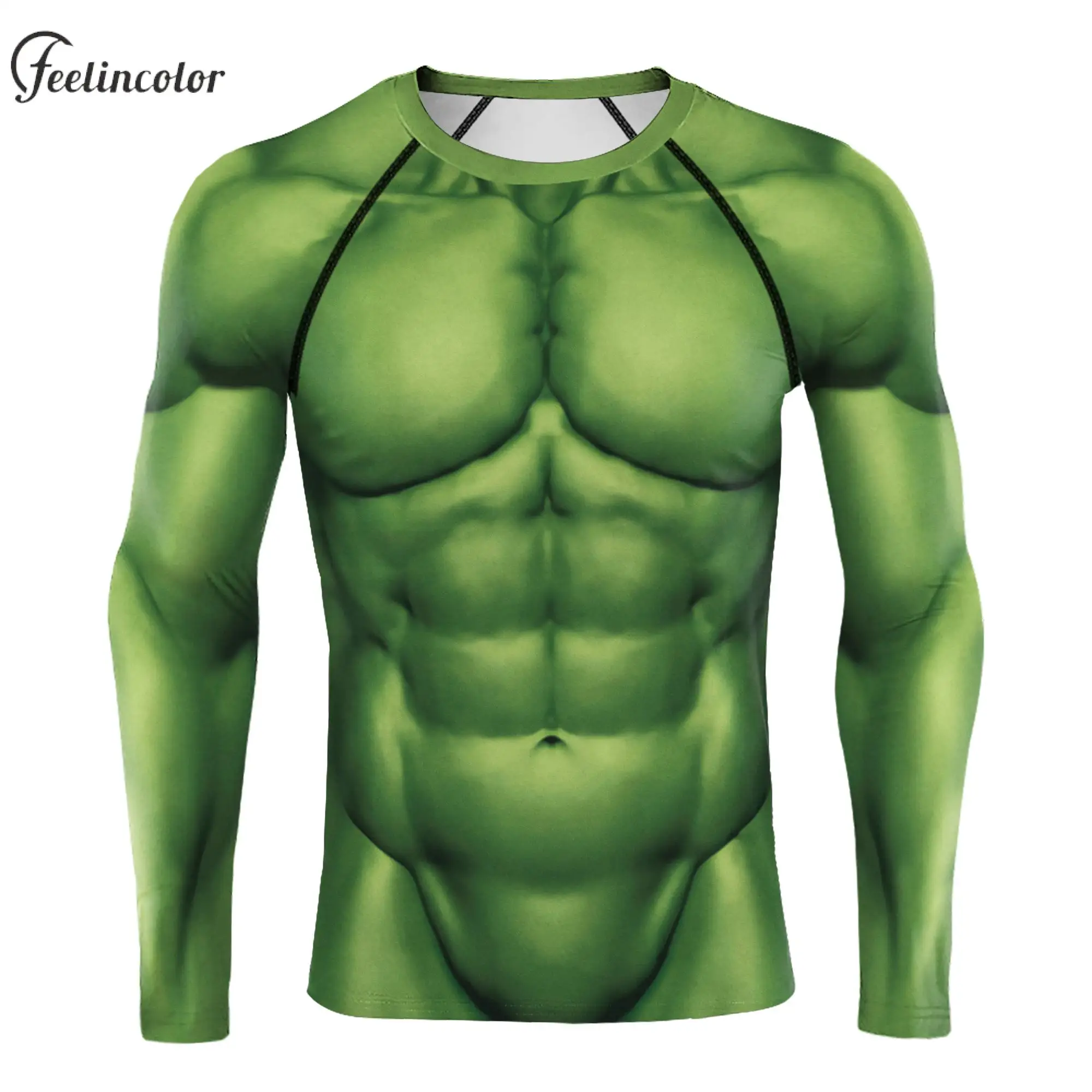 Man Compression Shirts Long Sleeve T-Shirt Male Fitness Top Crewneck Gym Clothes Elastic Anime Green Muscle Pattern Streetwear