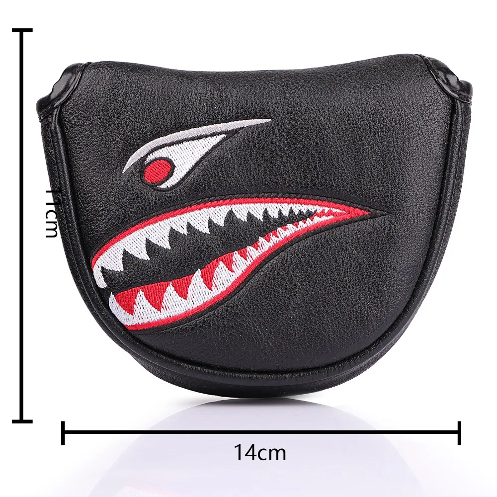 Black PU Shark Embroidery Golf Club Mallet Putter Head Cover Magnetic Closure