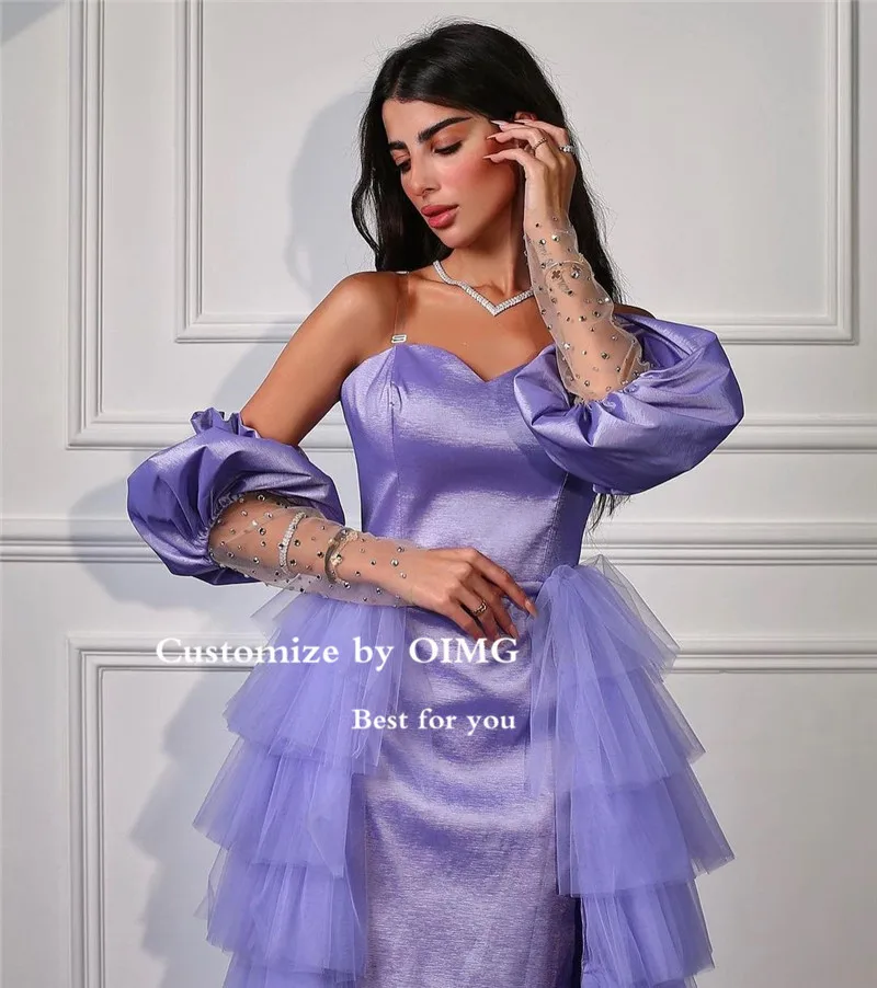 Vestidos de Fiesta de noche cortos de satén lavanda con escote Corazón, volantes de tul, sobrefalda escalonada, mangas largas, cuentas, vestidos de graduación árabes