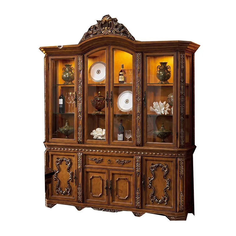 European-style all-solid wood cupboard locker American glass door wine cabinet dining cabinet Villa hotel four-door display cabi