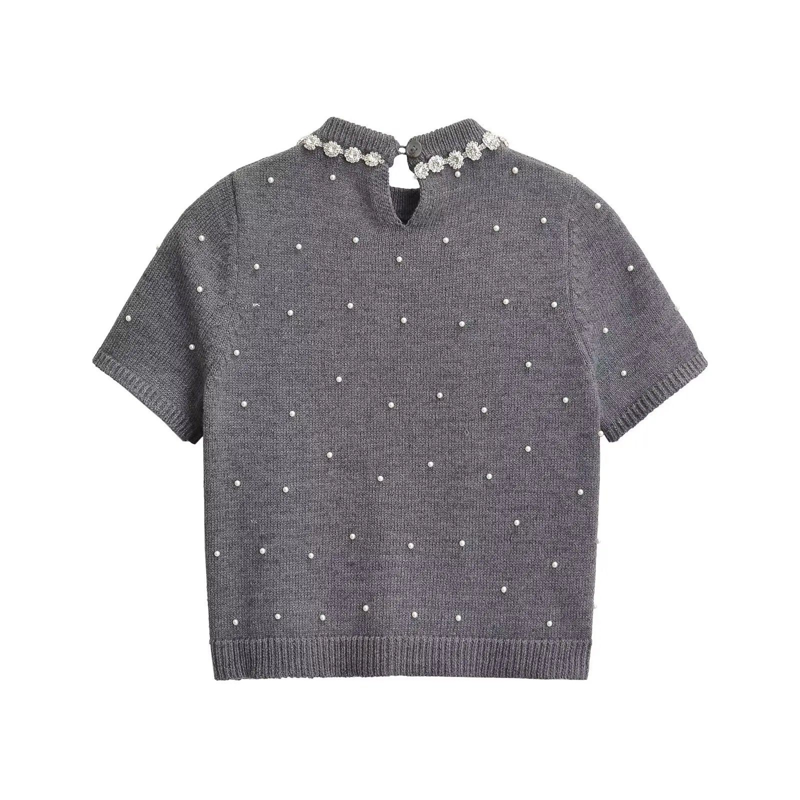 Tangada 2024 New Women Gray Beading Knitted Sweater Short Sleeve Female Crop Pullovers AI037