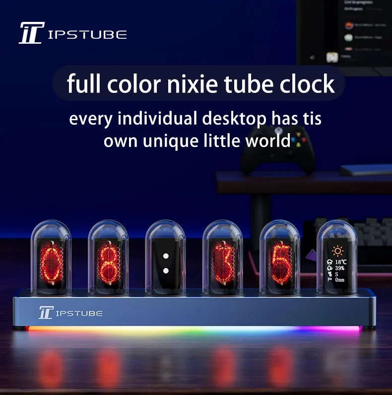Ipstube RGB Nixie Tube Clock LED Glows IPS Color Screen DIY Analog Digital Night Lights Gaming Desktop Home Decoration Gift Idea
