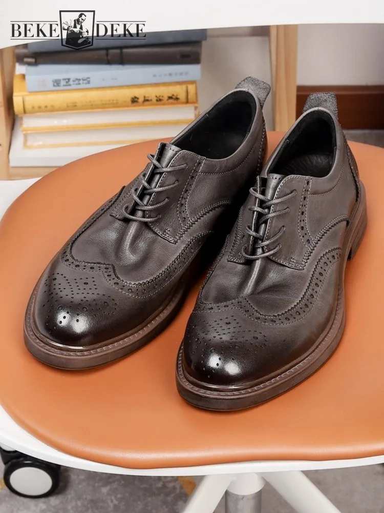 

Autumn Business Men Work Formal Shoes Lace Up Low Heels Vintage Wing Tip Brogues Cow Genuine leather Groom Wedding Dress Shoes