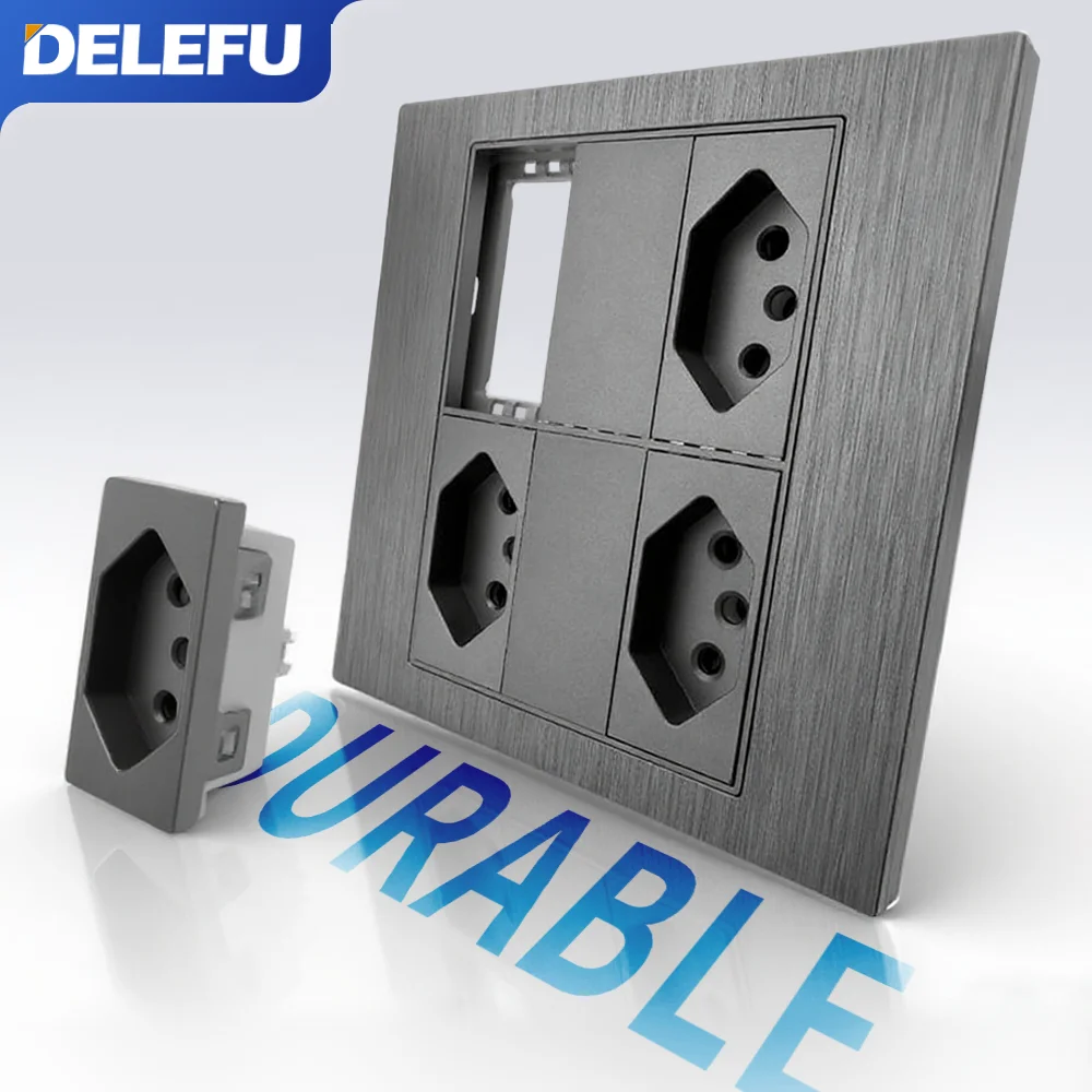DELEFU-Panel de alambre de aluminio 4x4, toma estándar de Brasil, doble USB tipo C, toma de corriente de pared, interruptor de luz, oficina, gris, 10A, 20A
