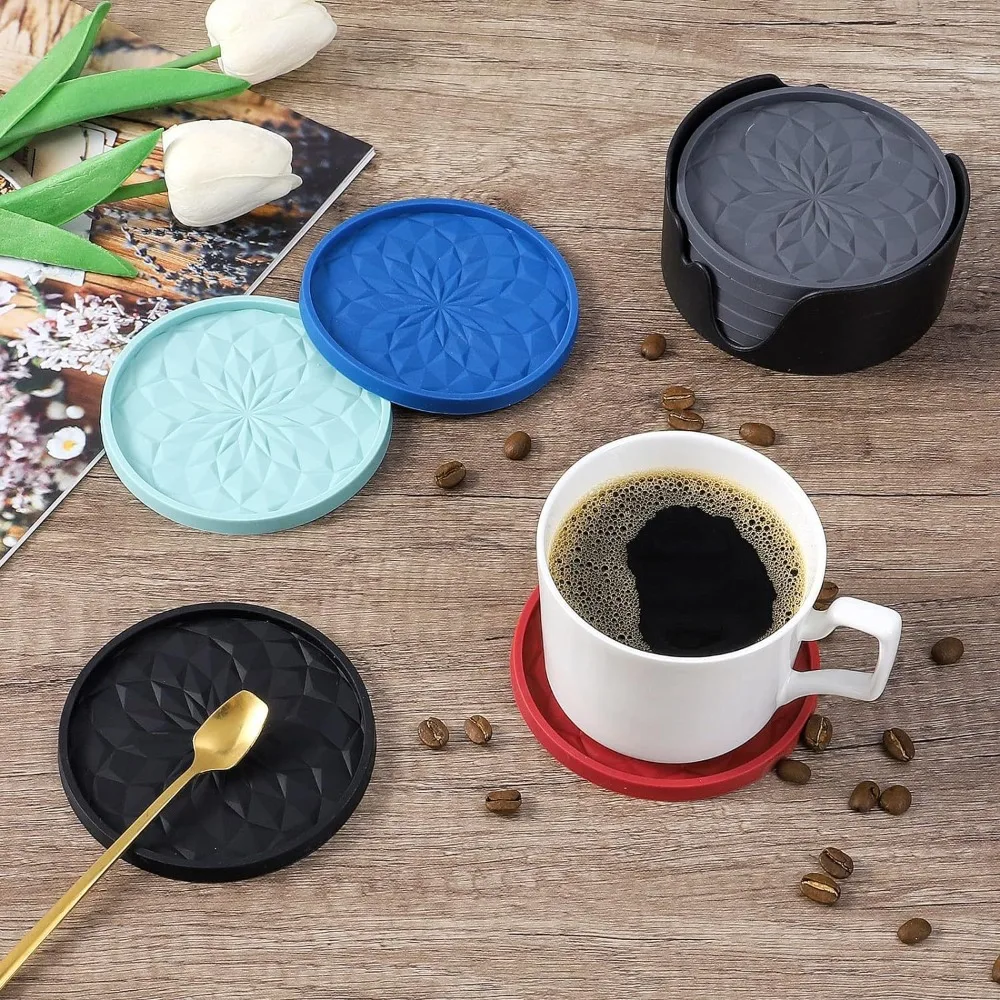 6PCS New Non-stick Tray Coffee Coasters Silicone Grey/Black/Red Silicone Drink Coasters Dish Drying Mat Tabletop Protection