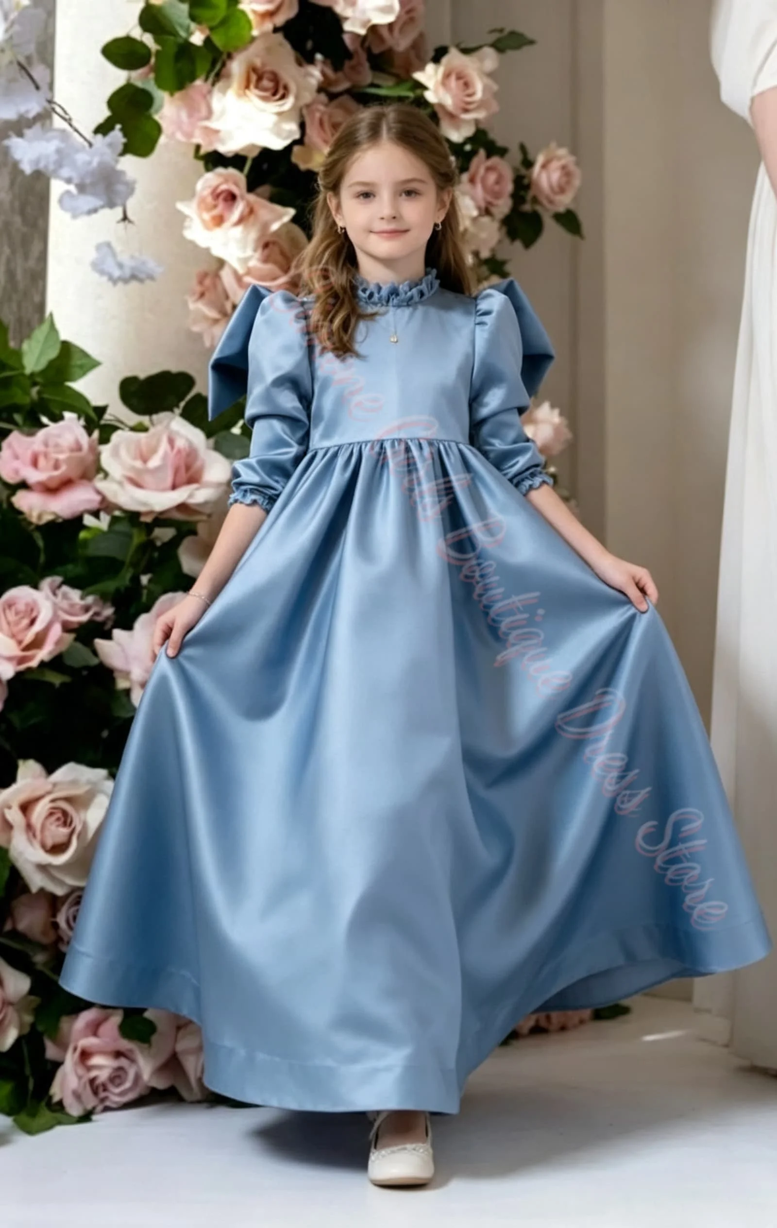 3/4 Sleeves Turtleneck Wrinkle Big Bow Flower Girl Dress for Wedding Ceremony Banquet Party Girl Gowns Evening Gown Customized