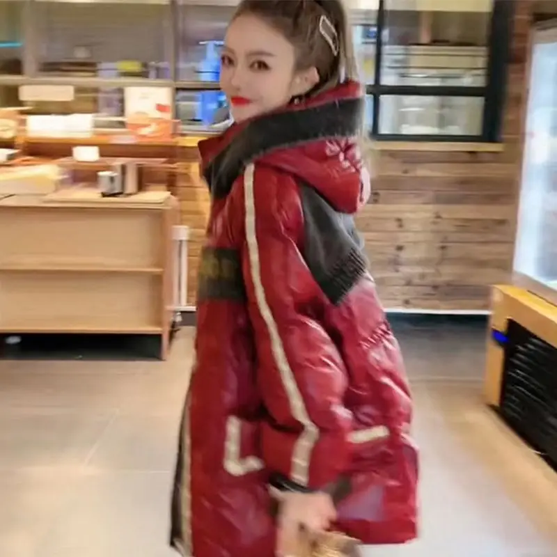 European Design Down Cotton Clothes New Niche Splicing Fluff Embroidery Age-reducing Bread Clothes Medium and Long Loose Clothes