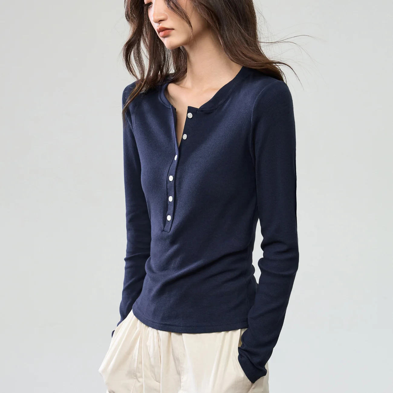 

Autumn Women's Basic Top New Henley Collar Long Sleeve T Shirt Button Design Slim Fit Slimming Top Base Layer