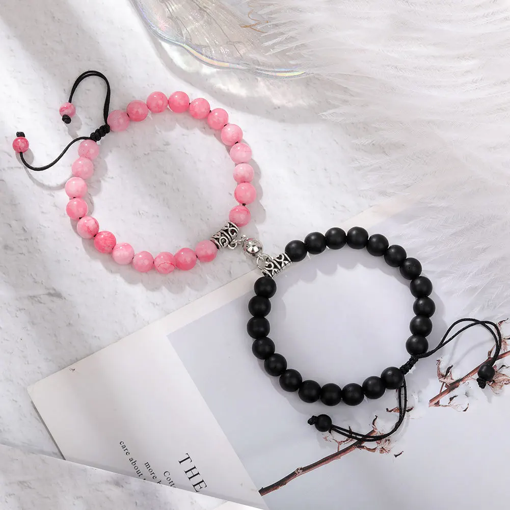 2Pcs/Set Natural Stone Beaded Heart Magnet Attraction Couple Bracelets For Women Men Simple Love Relationship Bracelet Jewelry