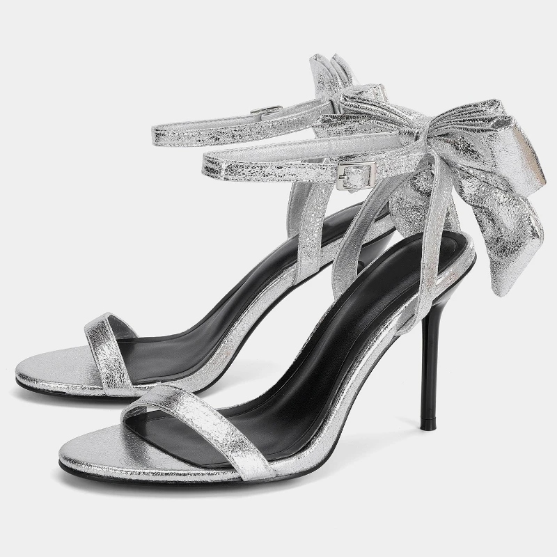 

Luxury Silver Heeled Sandals Women Bow Decoration Elegant Ankle Strap Heels Fashion Dinner Thin High Heels Party Pumps Ladies