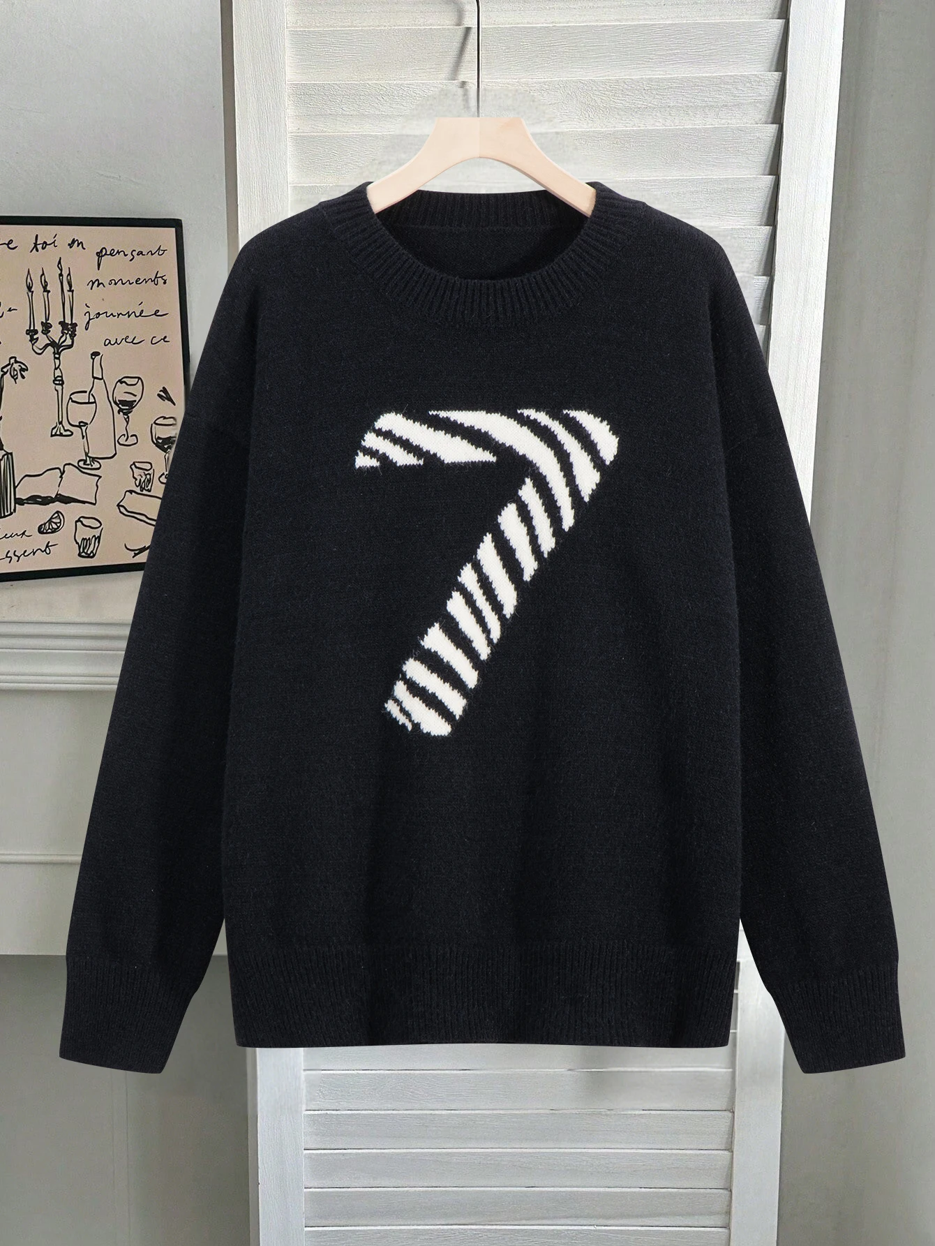 

Ladies Elegant Casual Knitted Sweater Lucky Number 7 Woolen Top Korean Popular Holiday Long Sleeve Upperwear