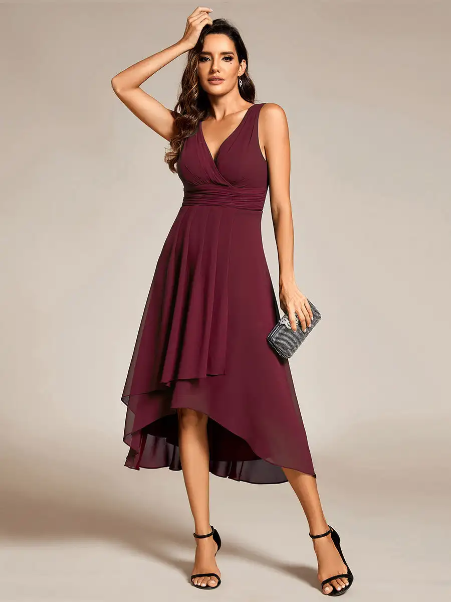 

Elegant Evening Dresses Chic V-Neck Pleated Sleeveless High-Low Midi Length 2024 Ever Pretty of Burgundy Wedding Guest Dress