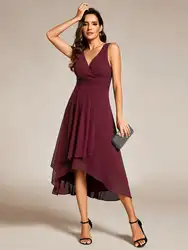 Elegant Evening Dresses Chic V-Neck Pleated Sleeveless High-Low Midi Length 2024 Ever Pretty of Burgundy Wedding Guest Dress