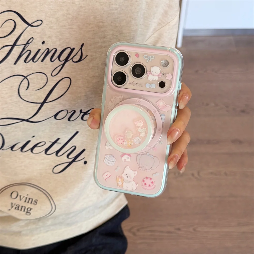 Cute Cartoon Animal Sticker Phone Case For iPhone 15 16 17 Pro Max Pink Case With Magnetic Puppy Cat Print Shockproof Cover