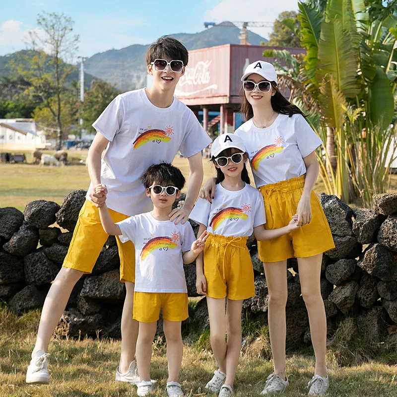 

2025 Summer Family Matching Clothing Parent-child Outfits Father Mother and Daughter Son Rainbow T Shirts Shorts Two Piece Sets