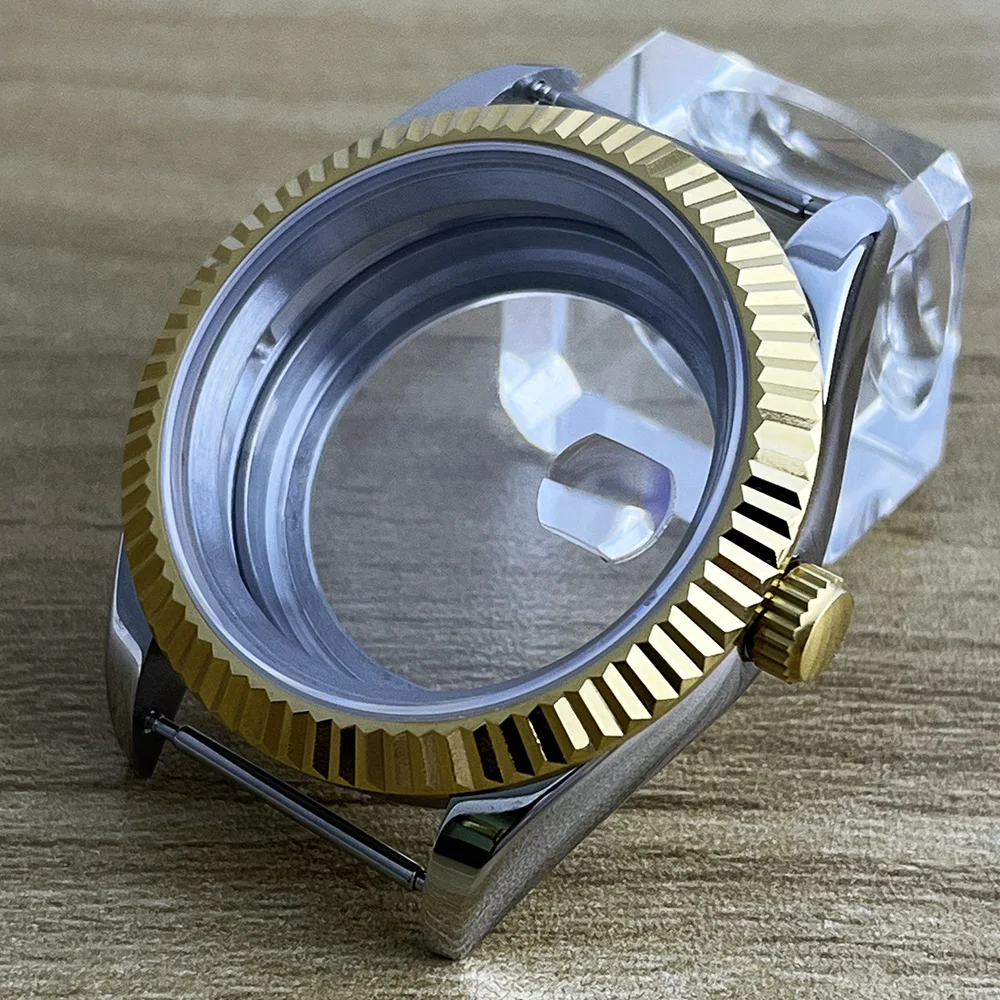 حافظة 36 مم/39 مم، إطار ذهبي، زجاج ياقوتي، سوار من الفولاذ المقاوم للصدأ، NH35، ملحقات تعديل ساعة الحركة NH36