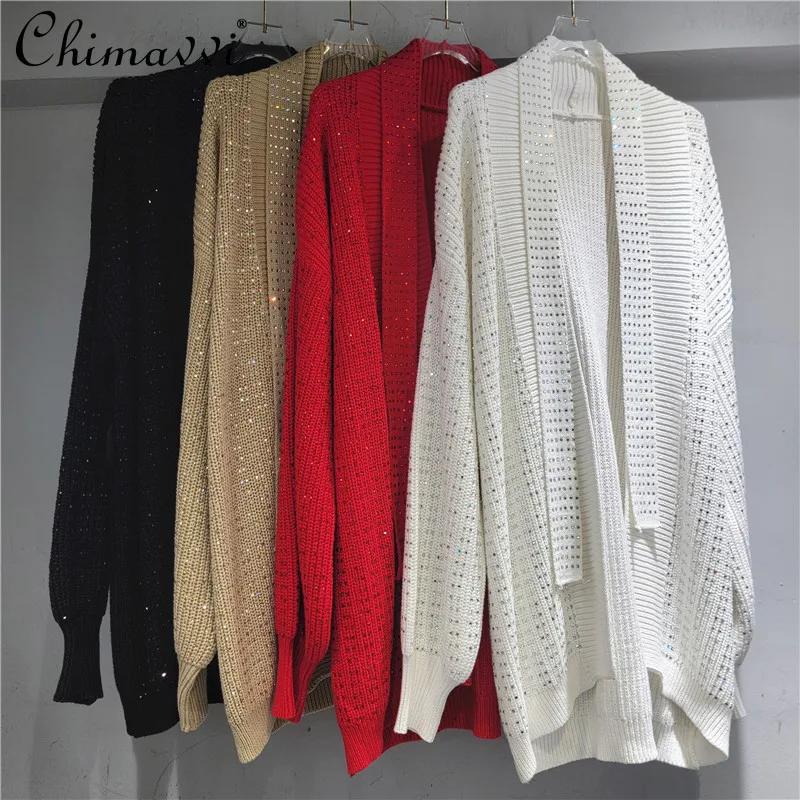

Autumn New Fashion Bubble Sleeve Sweater Jacket Women's Loose Heavy Hot Diamond Long Sleeve Streetwear Elegant Knitted Cardigan