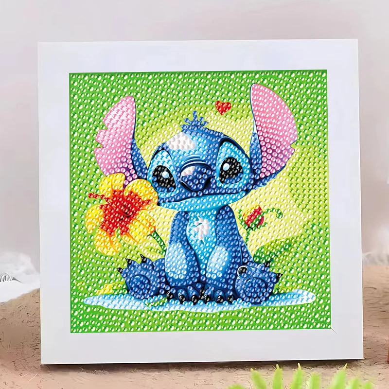 18x18cm 5D Full Round Drill Diamond Painting Kit With Frame Cute Big Ears Blue Alien Pet Ocean Water Wave Pink Flower Blue Backg view 6