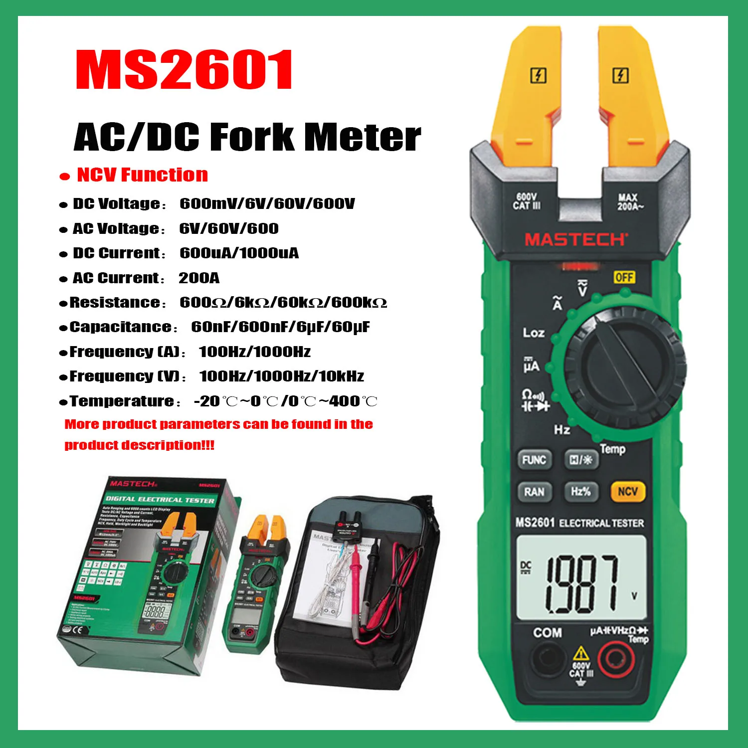 Mastech-digital Medidor de Garfo ac dc Tensão Corrente Resistência Diodos Continuidade Freqüência Duty Temperatura Ciclo Ms2601 200a 12 mm