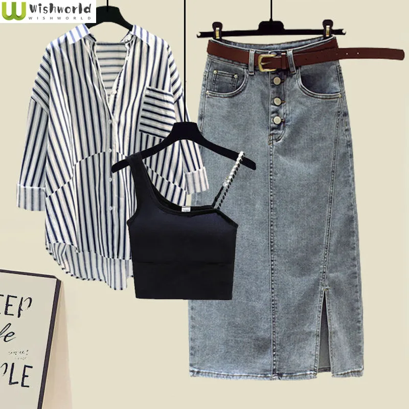 

Spring/Summer Set Women's New Fashionable Striped Shirt with Hanging Straps and Denim Skirt to Reduce Age Three Piece Set