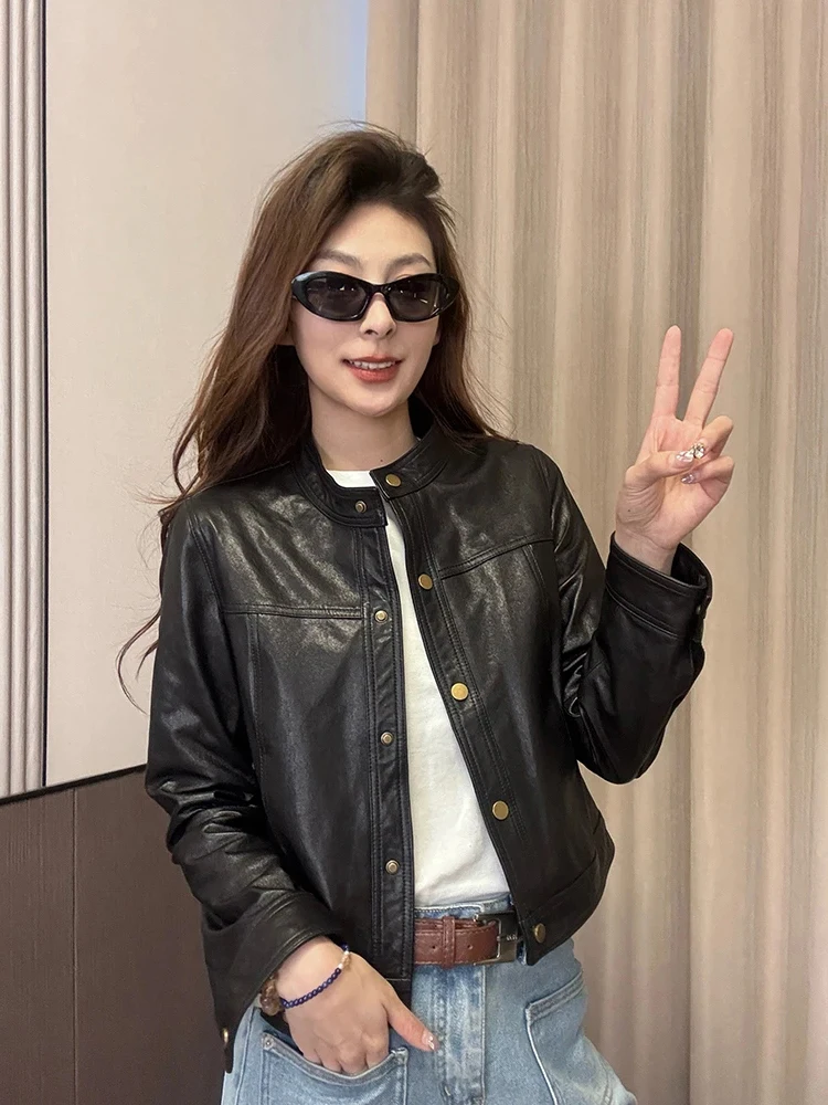 Jaqueta Feminina de Couro Retrô Elegante Simples de Manga Longa Estilo Coreano de Alta Qualidade para Primavera, Nova, Versátil e que Modela a Silhueta