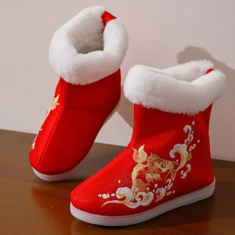 2024 Winter Children's Embroidered Cotton Boots Girls Soft Sole High Top Slip On Plush Warm Ethnic Style Hanfu Cotton Shoes