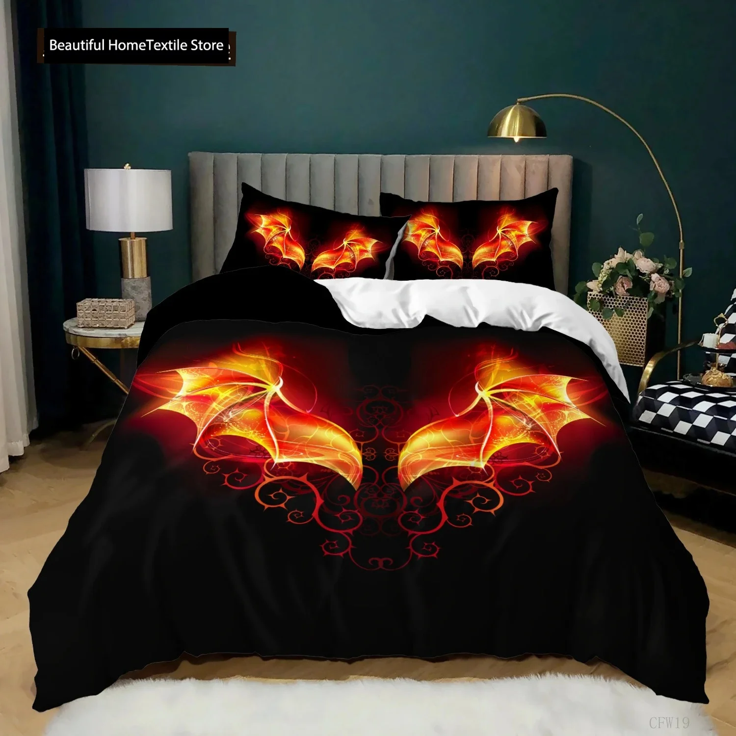 Angel Wings Duvet Cover Set Black Background Bright Orange Wing 3D Print Comforter Cover King Queen Size Polyester Bedding Set