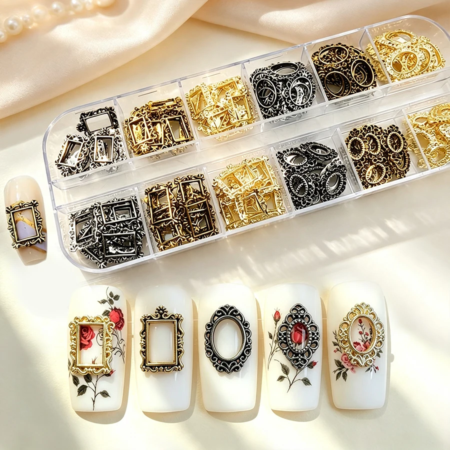12-Fächer 3D Vintage Metallrahmen Nagelcharms Retro Punk Gold Schwarz Silber Fotorahmen Nagelsteine Legierung Hohlrahmen Nageldekoration – Detail 2