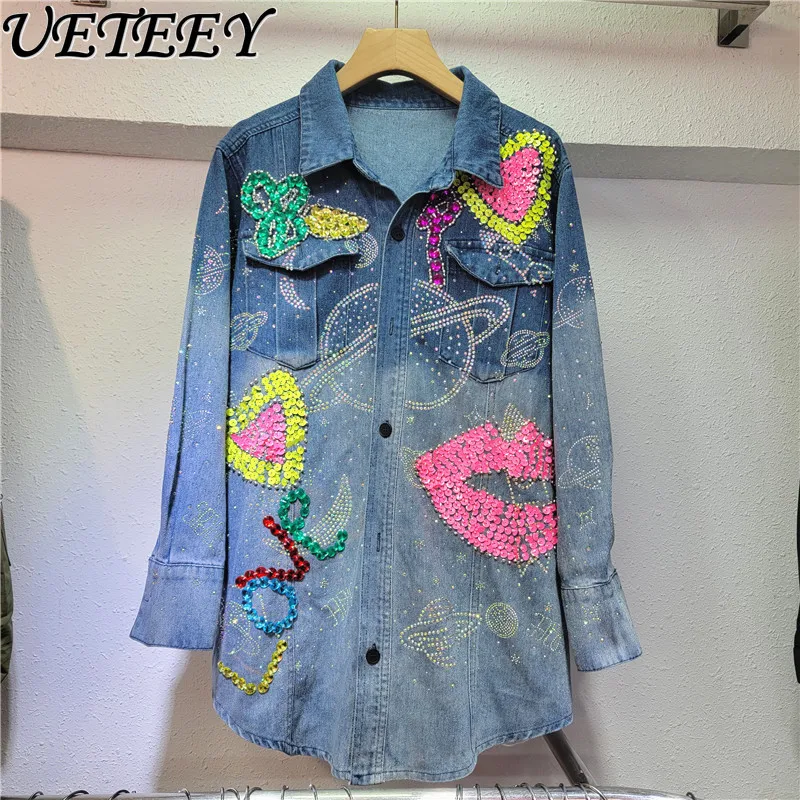 

New Arrival 2024 Spring Hot Rhinestone Embroidery Beads Sequined Love Letter Gradient Long Sleeve Denim Shirt Women Blouse Coat