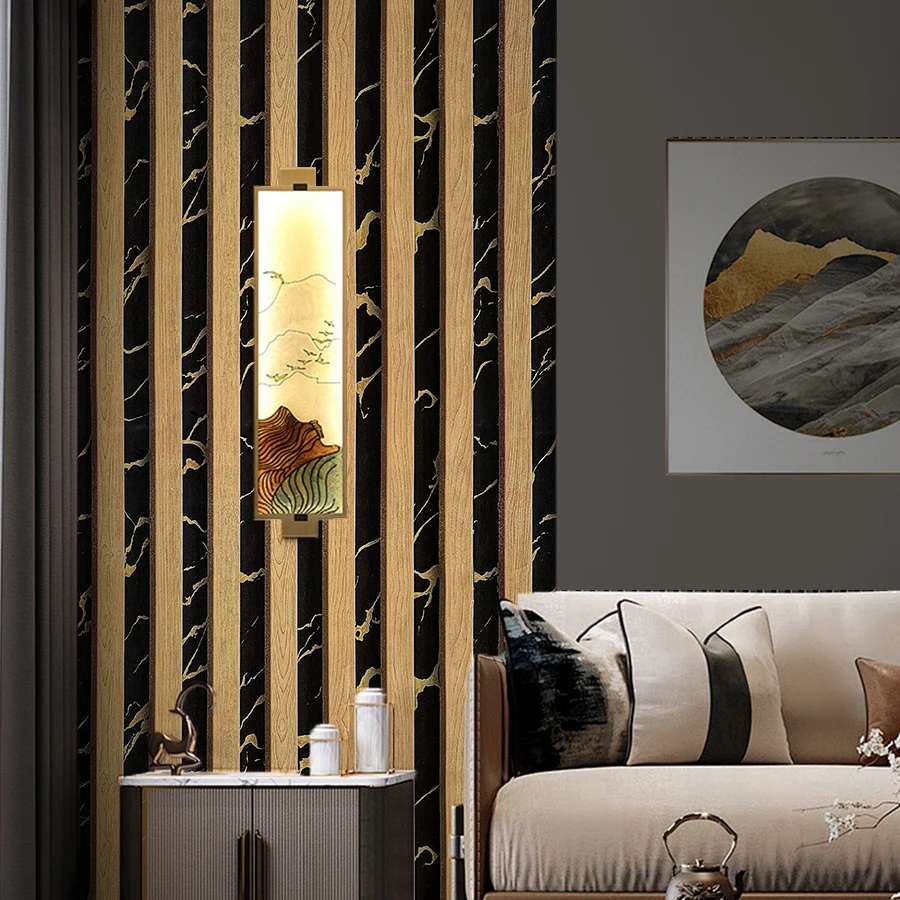 Modern 3D Wood Grain PVC Wallpaper with Gold Accent, Waterproof Vertical Stripe Wall Mural for TV Background, Living Room & Bedr