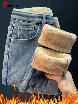 Zimowe ciepłe dżinsy ołówkowe z podszewką z polaru damskie rozciągliwe legginsy z wysokim stanem Vaqueros odzież na śnieg Casual Vintage zagęścić spodnie dżinsowe