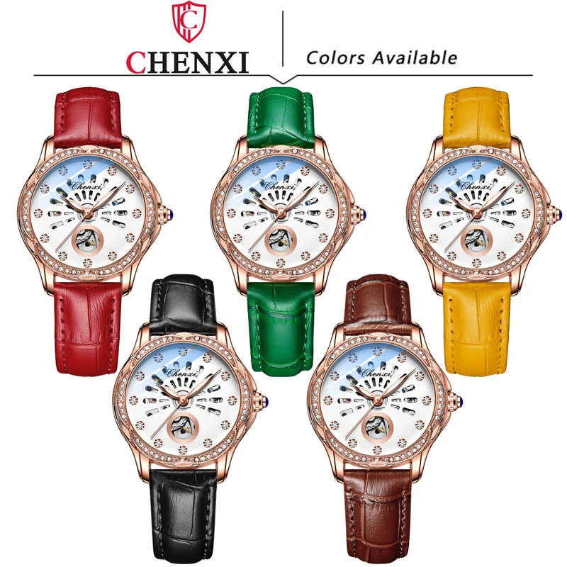 Fashion Chenxi Top Brand Luxury Women Watch Skeleton Automatic Mechanical Wristwatch Yellow Genuine Leather Strap Ladies Watches