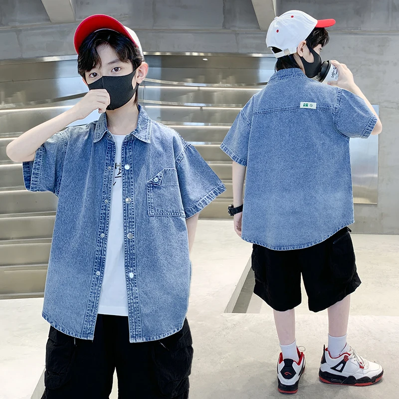 New Summer Kids Children Casual Denim Shirt with Front Pocket for Teens Boy Short Sleeve Jeans Blouse Tweens Western Blue Shirt