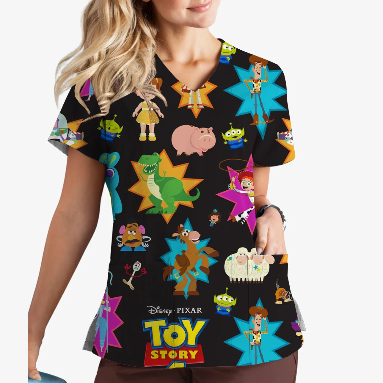 Nursing Accessories Dental Clinic Beauty Salon Work Clothes Disney Toy Story Cute Print Women's V-Neck Print Scrub Top