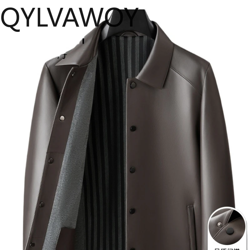 

QYLVAWOY 2025 Autumn Winter Real Sheepskin Men's Leather Jacket Lapel Business Casual Warm Stylish Pure Leather Outerwear LJ2694