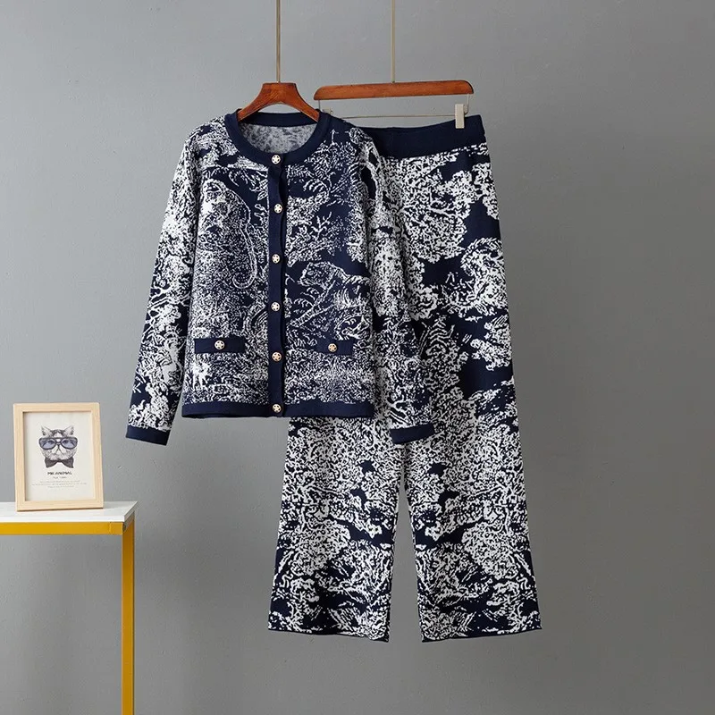 

New Autumn Winter Printing Knitted Set Women Single-breasted O-neck Long Sleeve Cardigans Top + Elastic Waist Wide Leg Pants