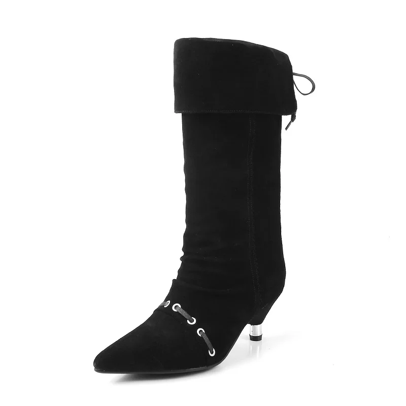 Woman Boots Cowgirls High Botas Silp On Mid Calf Botas Cow Suede Shoes Pointed Toe Spring Autumn Woman Trendy Apricot Boots