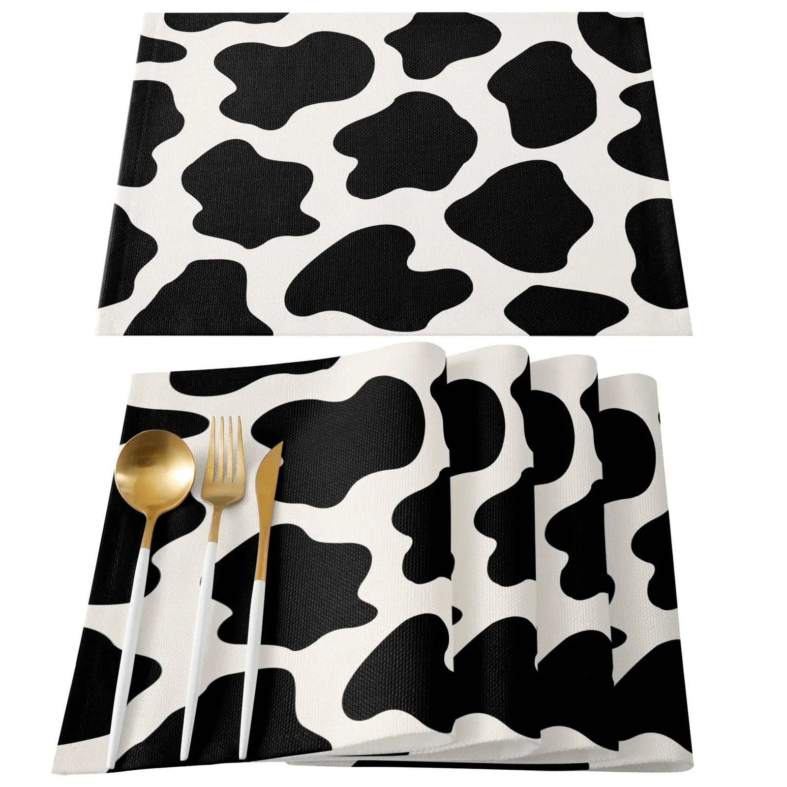 Black And White Cow Pattern Art Placemats Set of 1pcs Kitchen Coffee Accessories Coasters Home Dining Table Decor Linen Mats