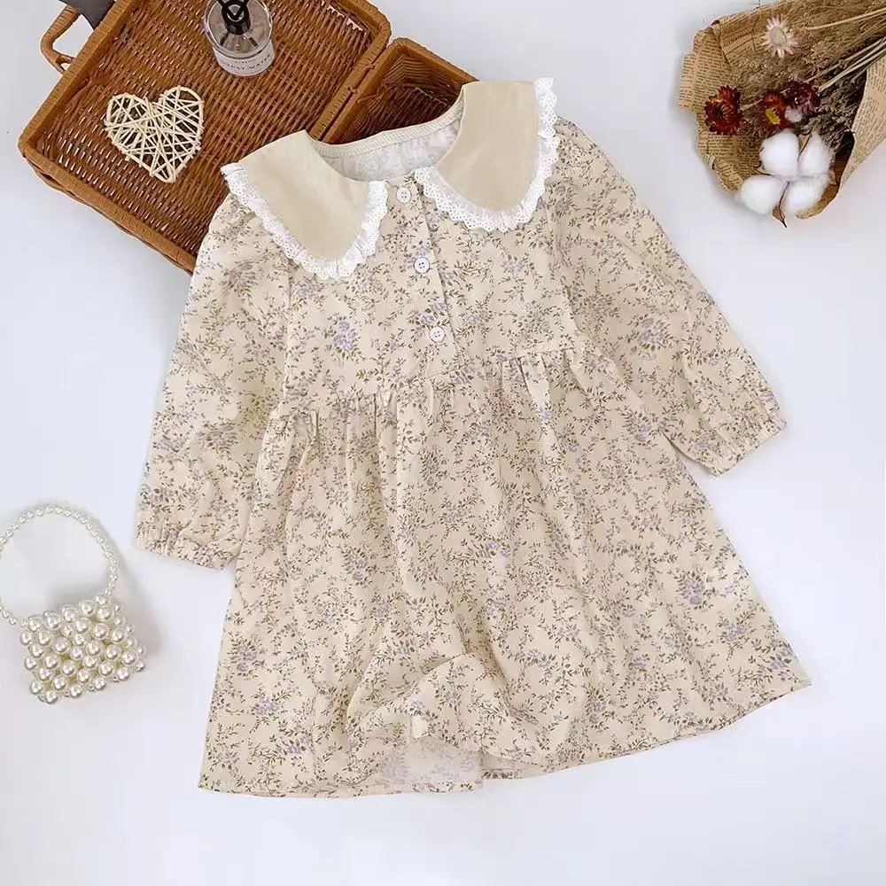 

2026 New Spring Autumn Girls Floral Long Sleeve Dress Lace Ruffle Neck Korean Style Cute Dress for 100-140cm