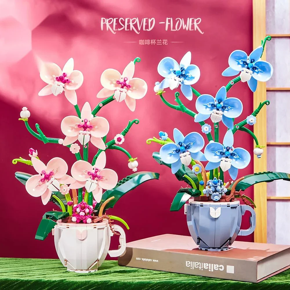 Coffee Cup Orchid Potted Building Blocks Bouquet Home Desktop Decoration Flower Puzzle Toy for Childrens Creative Holiday Gift