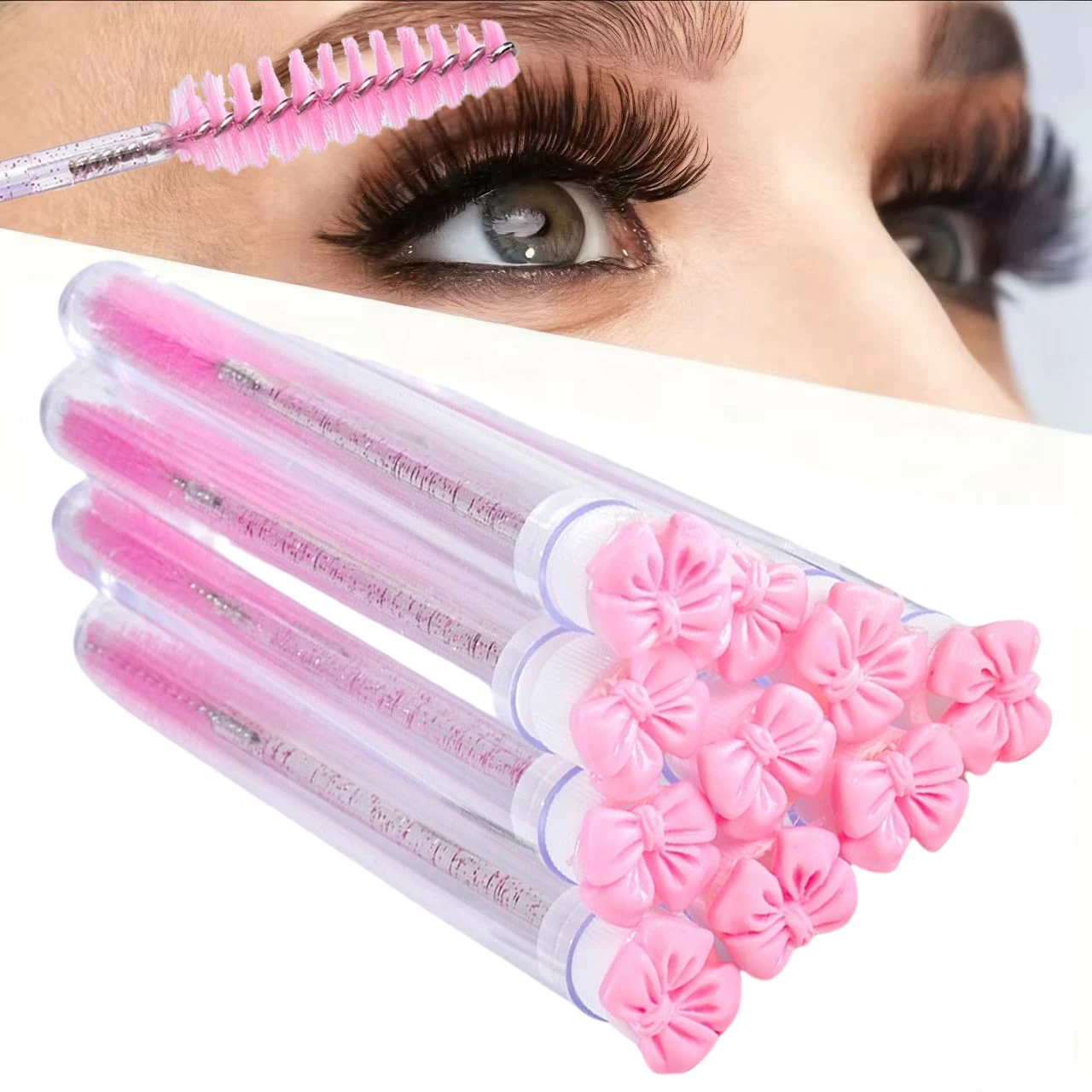 10-teiliges Mascara-Röhrenpinsel-Set in Schleifenform mit Schutzhülle, Make-up-Pinsel, Augenbrauenpinsel, Wimpernbürste, Wimpernbürste, Spoolie