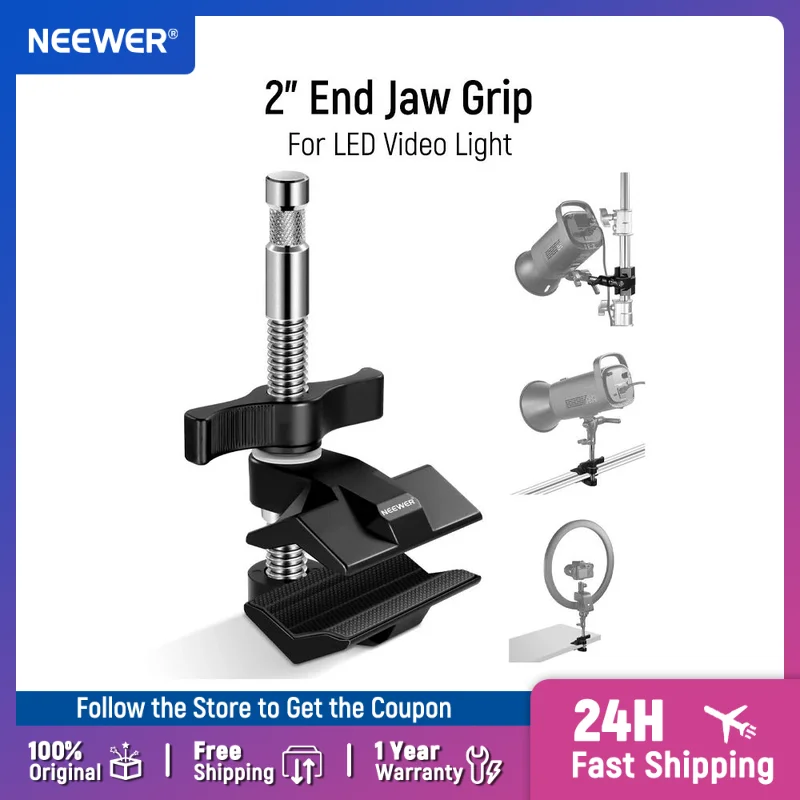 

NEEWER End Jaw Grip with 5/8" Stud, Steel Shaft End Pipe Grip Clamp with Adjustable Aluminum Jaws for LED Video Light Softbox