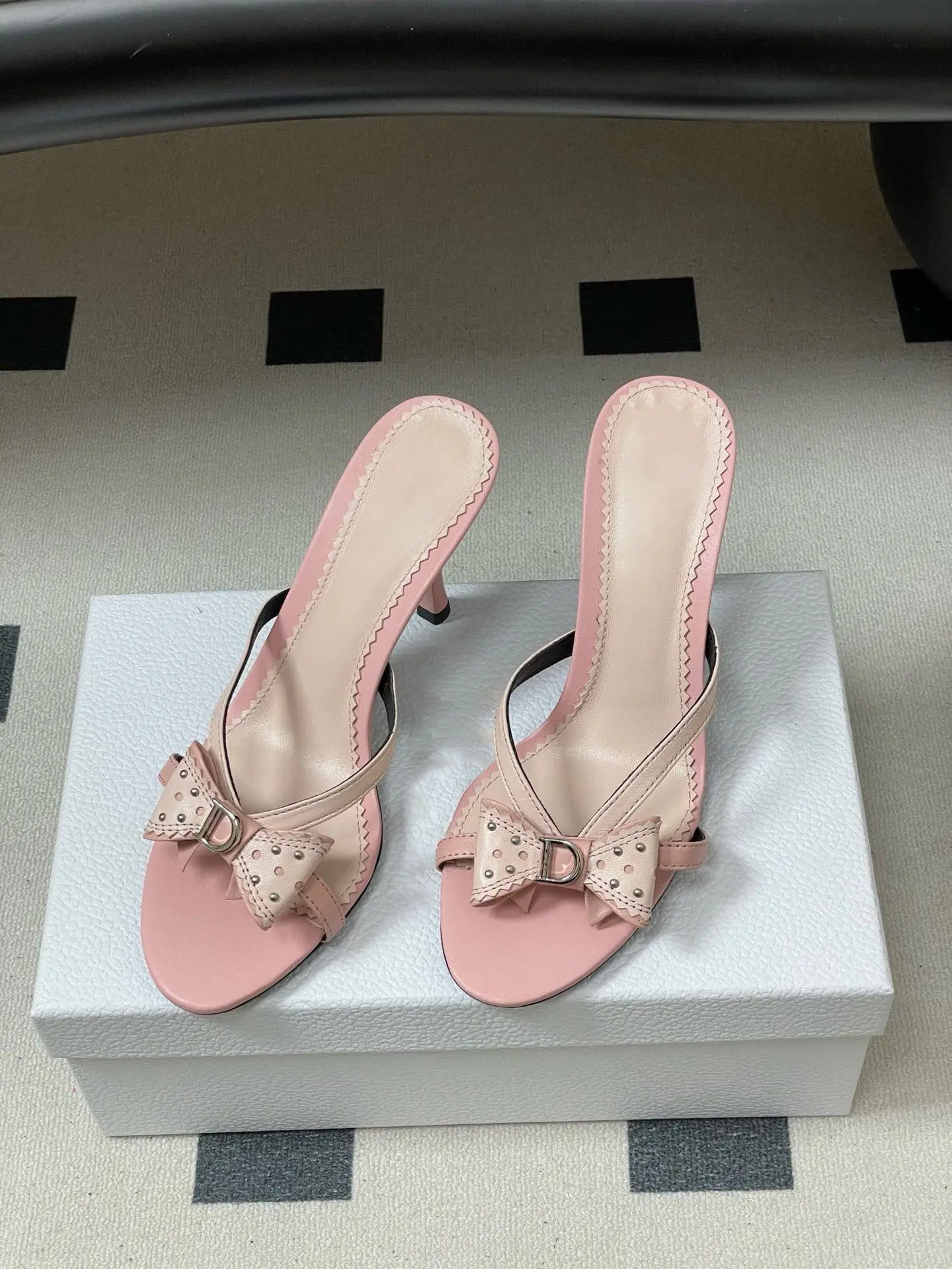 2026 New Sweet Pink Bow Rivet High Heels Women Elegant Thin Strap Stiletto Slippers Fashion Open Toe Slide Sandals Ladies Shoes