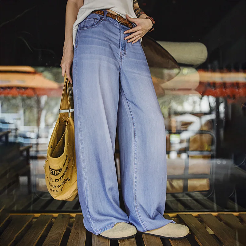 

Maden Women's Vintage Light Blue Cat Whisker Jeans Loose Fit Lyocell Straight Denim Pants Breathable Casual Trousers for Summer